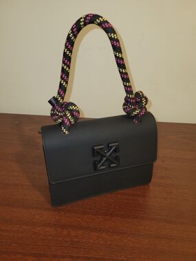 Off-White Black Leather Shoulder Bag with Multicolor Rope Handle